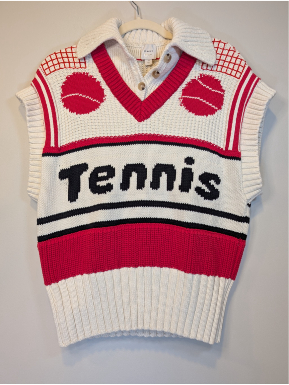 Anthropologie Maeve Tennis V-Neck Button-Up Twofer Sweater Vest Cream Red XS